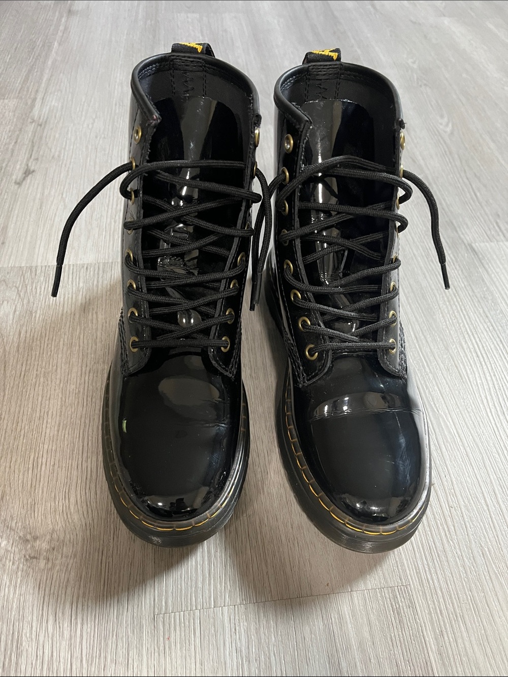 Dr. Martens Black Patent Lace-Up Ankle Boots with Yellow Stitching Zavala